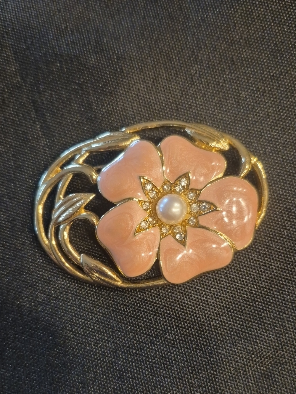 Vintage Trifari Pink Enamel Flower Brooch with Faux Pearl & Rhinestones
